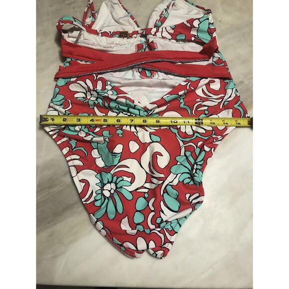 Trina Turk $158 Garden Bloom Plunge One Piece Swimsuit Red Gold Hardware Size L - Picture 9 of 9
